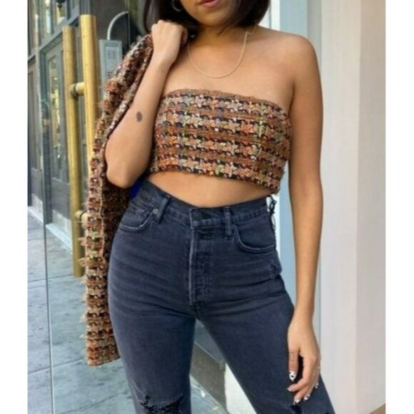 Ronny Kobo Fall Tweed Fuzzy Bandeau Crop Top 70s Y2K Preppy Academia Prep - Picture 1 of 16
